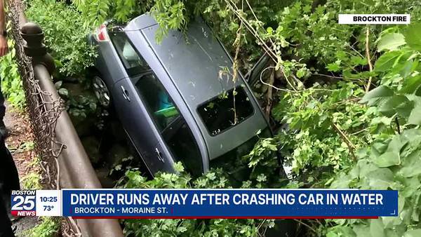 Driver flees after crashing car into brook in Brockton neighborhood