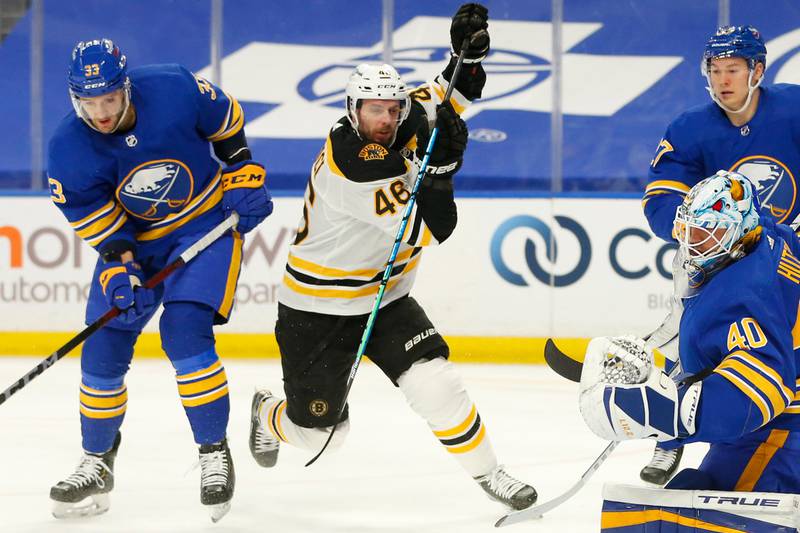Boston Bruins forward David Krejci skates during the first period of an NHL hockey game against the Buffalo Sabres, Thursday, March 18, 2021, in Buffalo, N.Y.