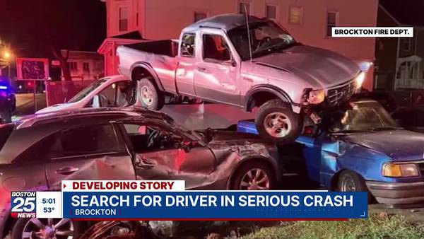 Truck goes airborne, lands on top of several vehicles after striking building in Brockton