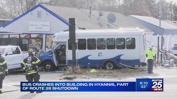 Two people hospitalized after bus barrels into Hyannis building, police say