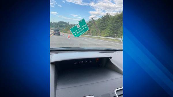 Overhead highway sign in Worcester falls into road during morning commute
