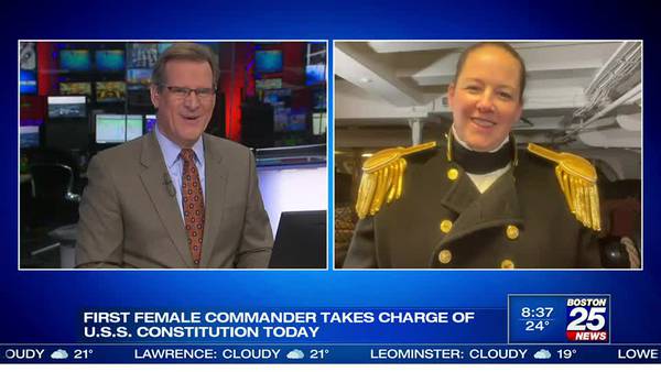 Gene Lavanchy talks with the incoming commander of the U.S.S. Constitution Billie Farrell