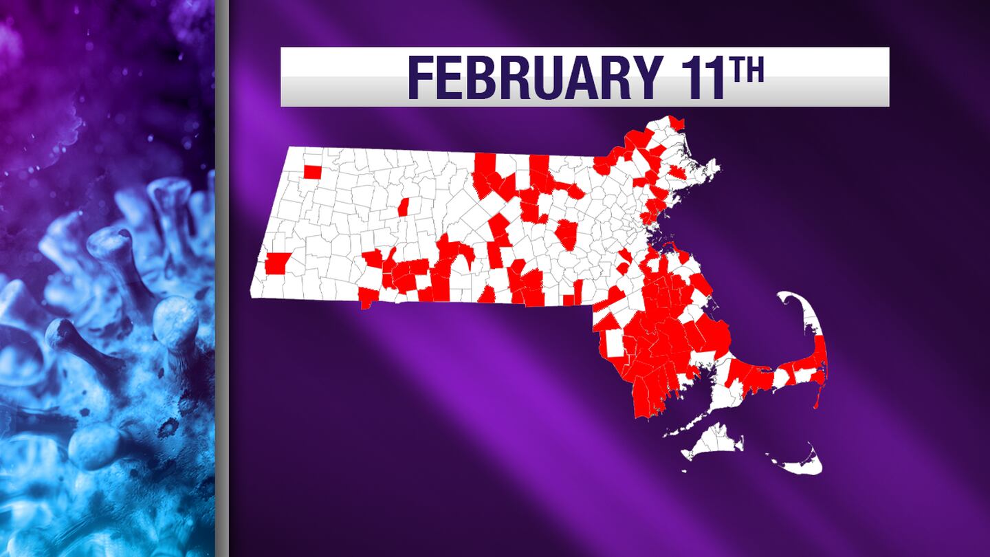 The state reported 110 cities and towns designated as high-risk on Feb. 11, 2021, down almost 30% from last week.