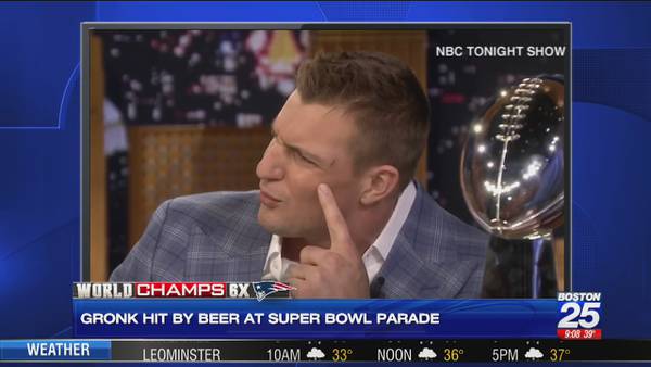 Gronk gets bonked by beer can during Patriots Super Bowl parade