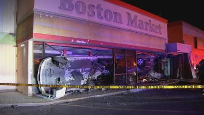 Saugus police investigating crash that left 2 cars lodged inside shuttered Boston Market restaurant