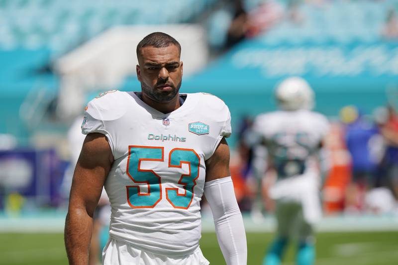 Miami Dolphins middle linebacker Kyle Van Noy warms up before an NFL football game against the Buffalo Bills in Miami Gardens, Fla., in this Sunday, Sept. 20, 2020, file photo. The Miami Dolphins told linebacker Kyle Van Noy he will be released, two people familiar with the discussion confirmed to The Associated Press on Tuesday, March 2, 2021. The people confirmed the disclosure to the AP on condition of anonymity because the Dolphins have not commented.