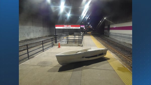 MBTA Commuter Rail train strikes boat left on tracks 