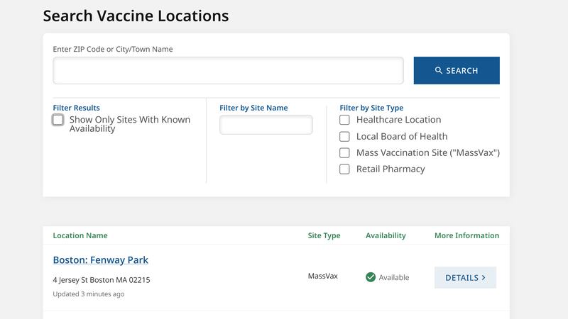 A new appointment-finder hub on mass.gov/covidvaccine lists vaccine sites across Massachusetts, searchable by location, with some showing availability.