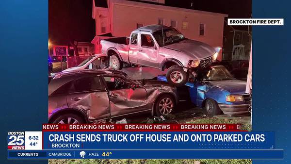 Pickup truck lands on top of several vehicles after striking building in Brockton