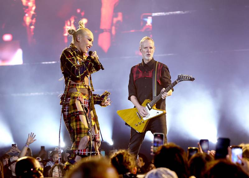 INDIO, CALIFORNIA - APRIL 13:  Gwen Stefani and Tom Dumont of No Doubt performs at the Coachella Stage during the 2024 Coachella Valley Music and Arts Festival at Empire Polo Club on April 13, 2024 in Indio, California. (Photo by Arturo Holmes/Getty Images for Coachella)