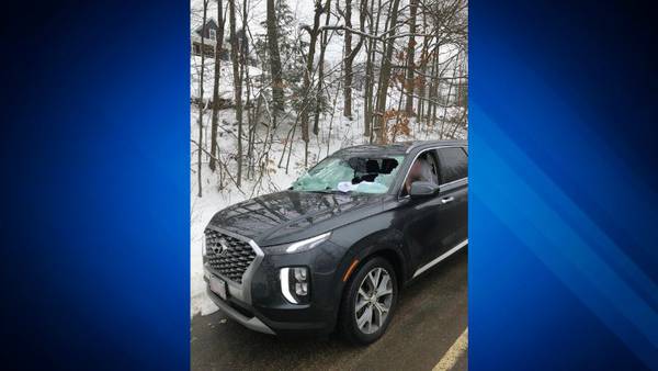 Falling ice shatters windshield of car driving on Rutland highway