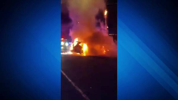 WATCH: Car catches fire after crashing into pole in Hingham