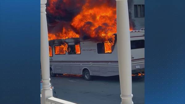 WATCH: 3 hospitalized with burns after RV goes up in flames in Peabody