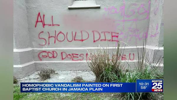 Homophobic vandalism painted on First Baptist Church in Jamaica Plain 