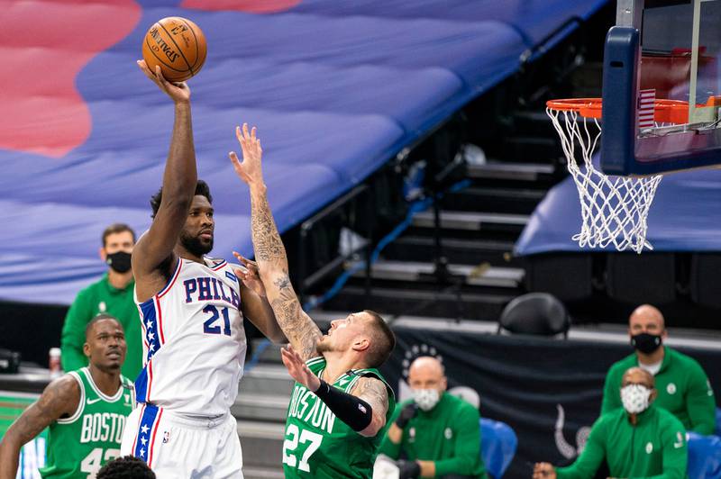 Philadelphia 76ers center Joel Embiid, left, shoots over Boston Celtics center Daniel Theis during the first half of the game on Jan. 20 in Philadelphia.
