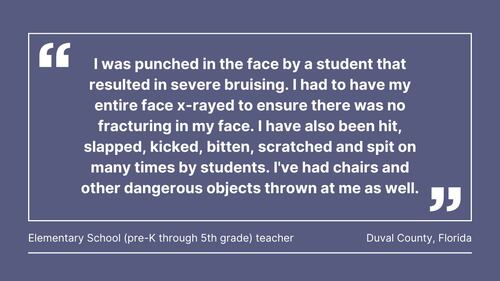 Cox Media Group gathered comments from teachers in Florida, Georgia, North Carolina, South Carolina, Ohio, Pennsylvania, Massachusetts, and Washington, about violence in the classroom.