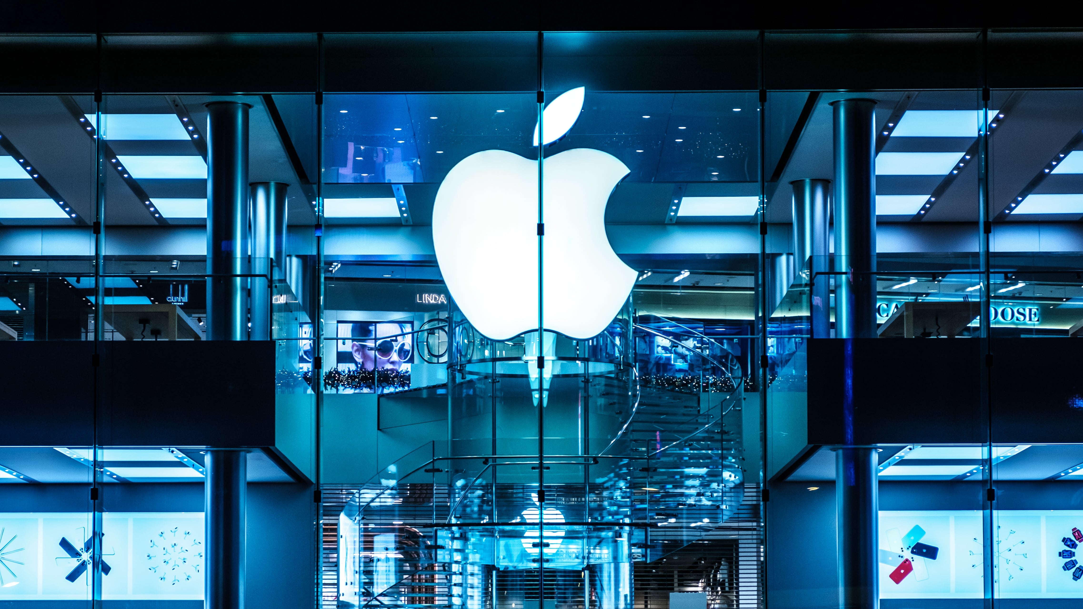 The Apple Logo on Apple Store facade in Hongkong at night