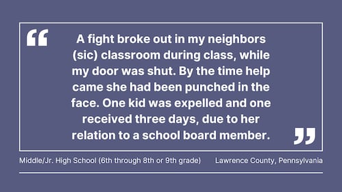 Cox Media Group gathered comments from teachers in Florida, Georgia, North Carolina, South Carolina, Ohio, Pennsylvania, Massachusetts, and Washington, about violence in the classroom.