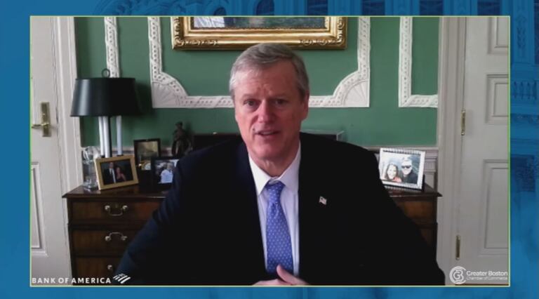 During remarks to the the Greater Boston Chamber of Commerce Thursday morning, Gov. Charlie Baker said the state is waiting on approval from the federal government to send the National Guard to Kentucky and Tennessee, where the vaccine is being manufactured.