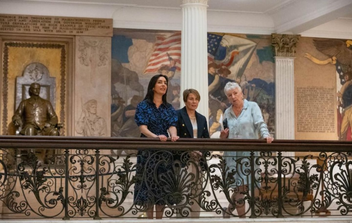 Lynn Grilli (right), a member of the Doric Docents, gives a tour of the capitol to First Partner Joanna Lydgate (left) and Gov. Maura Healey. Lydgate was introduced Monday as honorary president of the Docents on Monday, June 3, 2024.