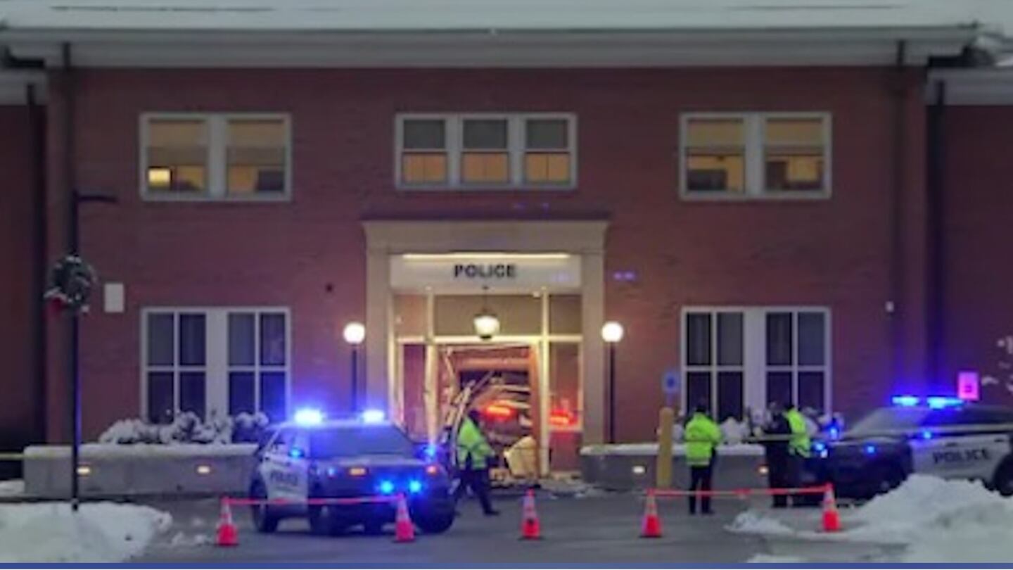 A vehicle barreled into a police station in Shrewsbury, Massachusetts, on Monday. No officers or staff members were injured.